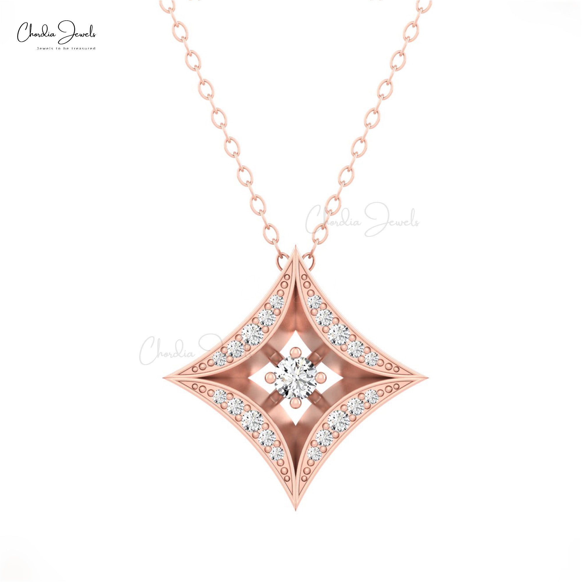 Real 14k Gold Star Pendant With 0.274 Ct White Diamond Halo Wedding Necklace
