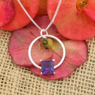 High Quality Amethyst Square Cut Charm Necklace in 925 Sterling Silver Jewelry