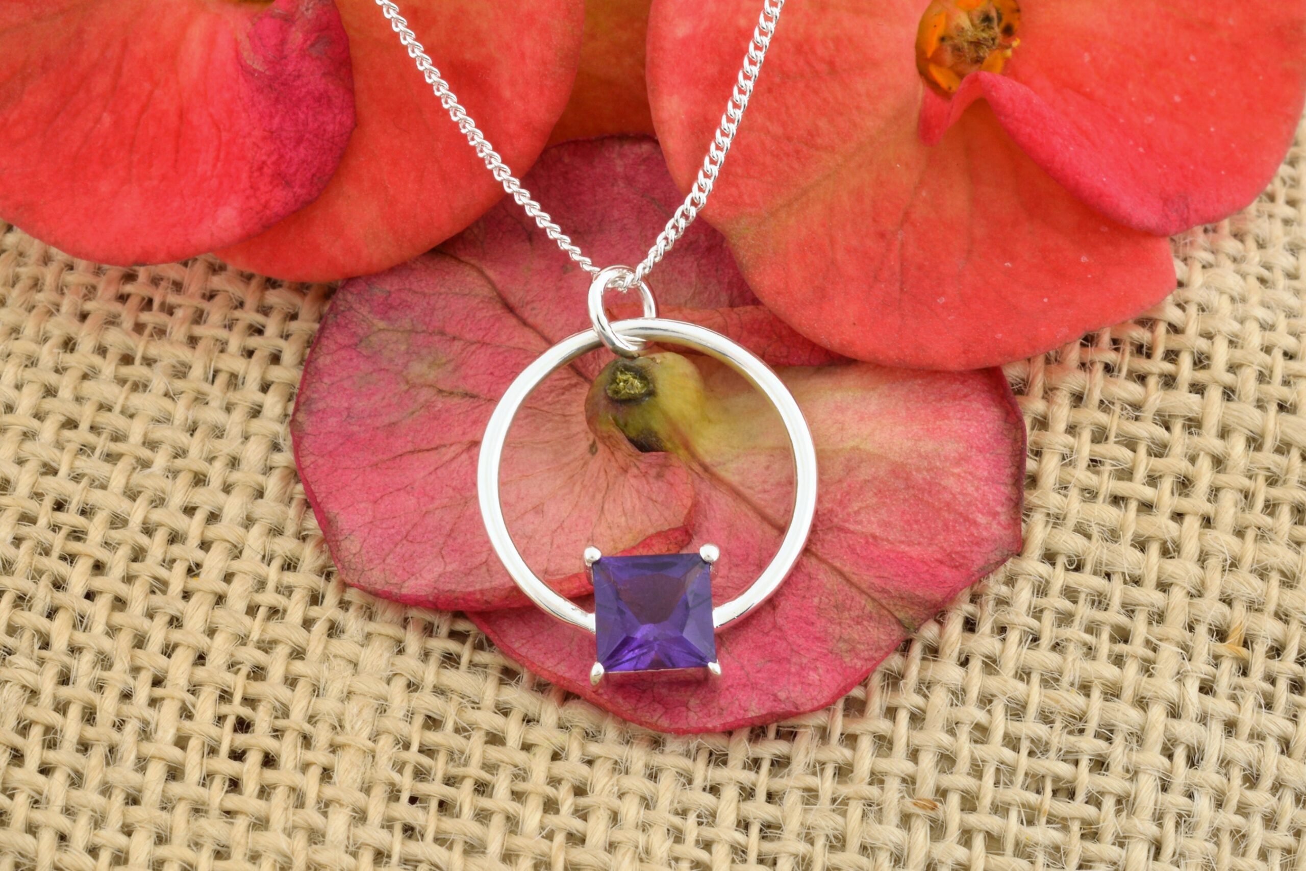High Quality Amethyst Square Cut Charm Necklace in 925 Sterling Silver Jewelry