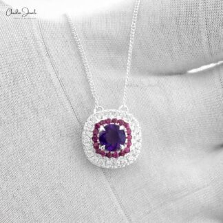 High Quality Amethyst And Rhodolite Garnet Halo Zircon Necklace in 925 Sterling Silver