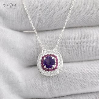 High Quality Amethyst And Rhodolite Garnet Halo Zircon Necklace in 925 Sterling Silver