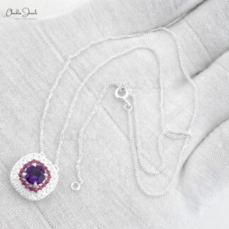 High Quality Amethyst And Rhodolite Garnet Halo Zircon Necklace in 925 Sterling Silver