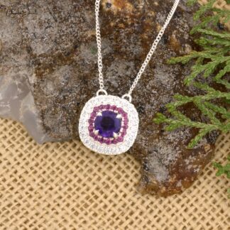 High Quality Amethyst And Rhodolite Garnet Halo Zircon Necklace in 925 Sterling Silver