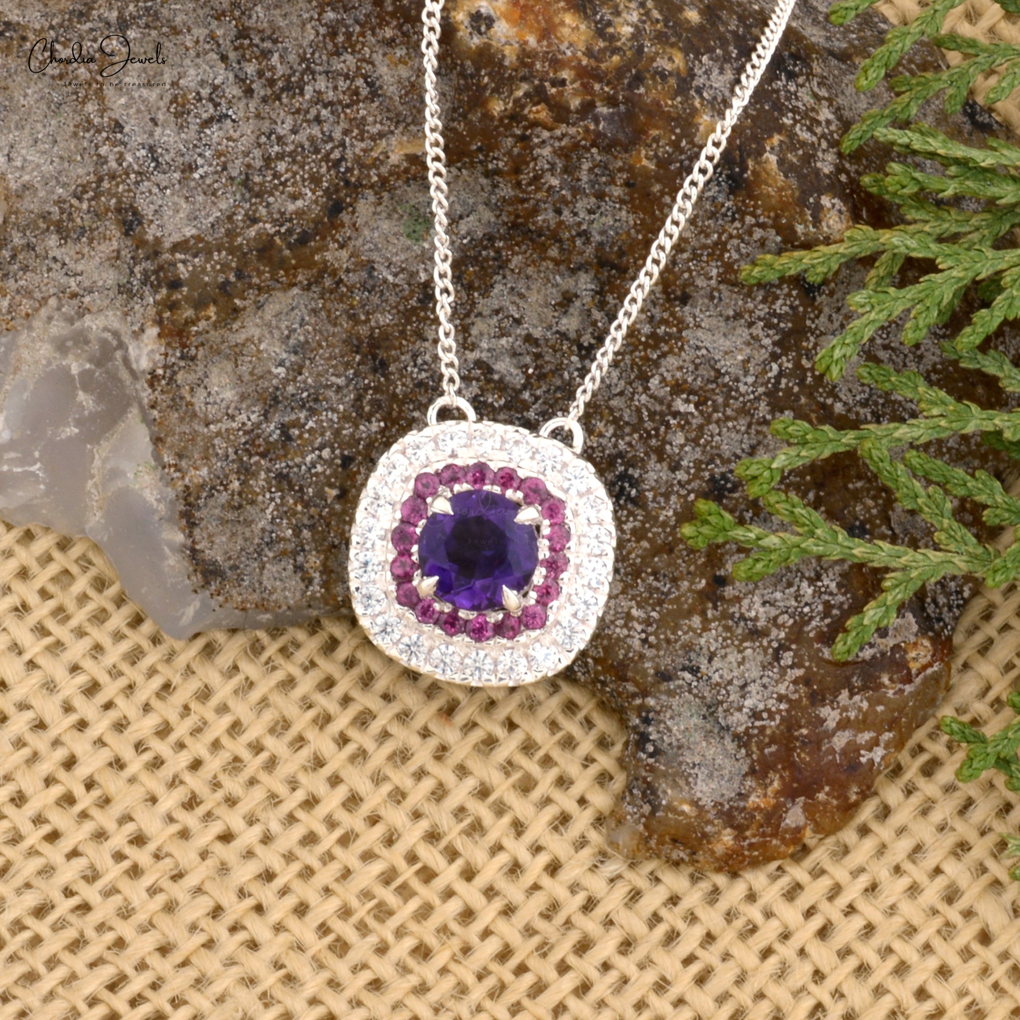 High Quality Amethyst And Rhodolite Garnet Halo Zircon Necklace in 925 Sterling Silver