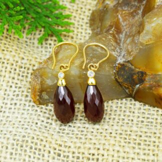 Two Stone Dangler Earring With Red Garnet And Diamond Hook Earrings In 14k Yellow Gold