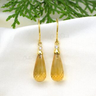 Dangle Hook Earring In 14k Yellow Gold Citrine 10.30 Ct Gemstone Diamond Wedding Earrings