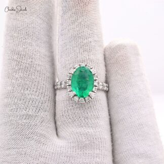 Luxury Halo Diamond Ring With 11x8mm Emerald Prong Set In 14k White Gold Engagement Ring