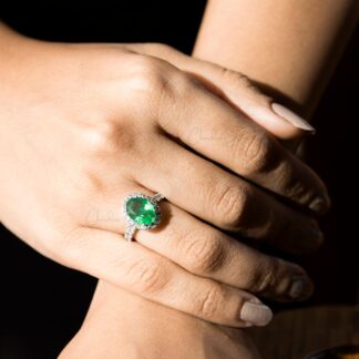 Luxury Halo Diamond Ring With 11x8mm Emerald Prong Set In 14k White Gold Engagement Ring