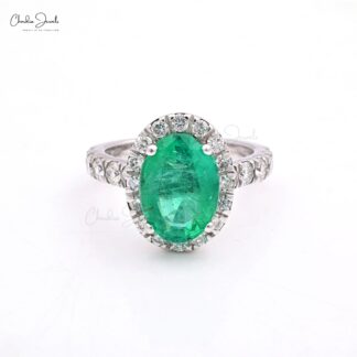 Luxury Halo Diamond Ring With 11x8mm Emerald Prong Set In 14k White Gold Engagement Ring
