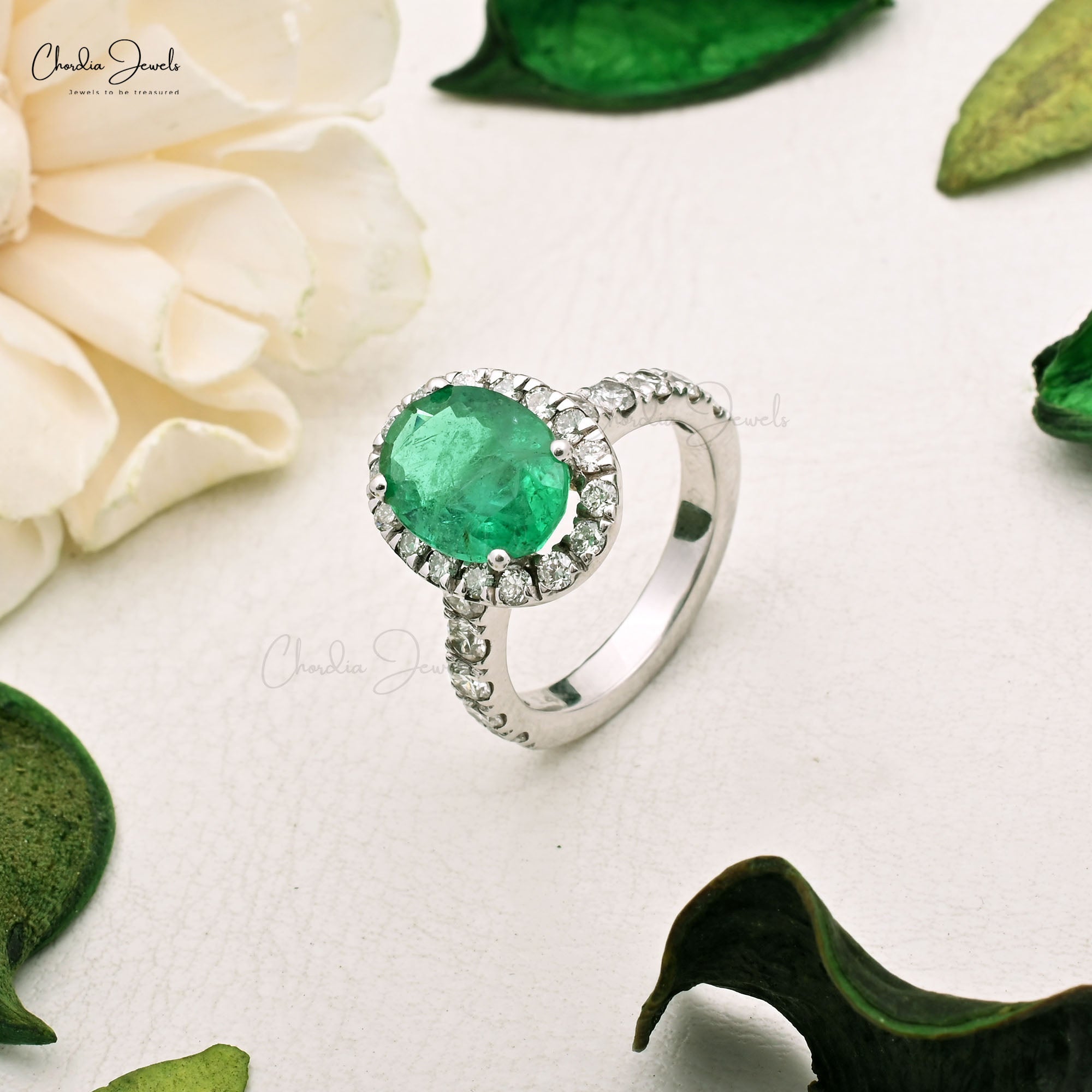 Luxury Halo Diamond Ring With 11x8mm Emerald Prong Set In 14k White Gold Engagement Ring