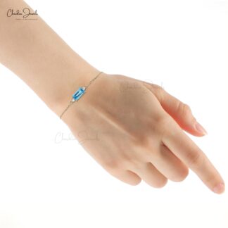 Handcrafted 14k Gold Chain Bracelet with 4.76 Ct Swiss Blue Topaz and Diamond Accents