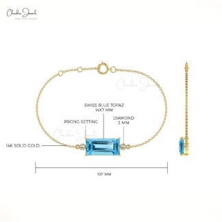Handcrafted 14k Gold Chain Bracelet with 4.76 Ct Swiss Blue Topaz and Diamond Accents