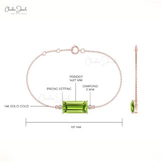 Natural Baguette Peridot And Diamond Bezel Set Chain Bracelet in 14k Solid Gold