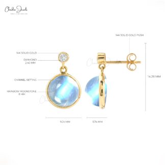 Real 14k Yellow Gold 2 Stone Earrings With 8mm Rainbow Moonstone Diamond Dangle Jewelry