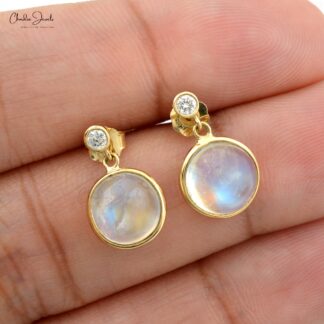 Real 14k Yellow Gold 2 Stone Earrings With 8mm Rainbow Moonstone Diamond Dangle Jewelry