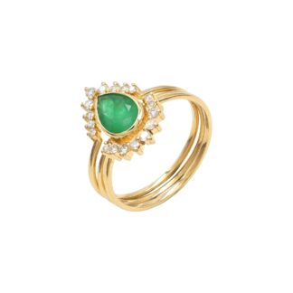 Genuine Emerald Trio Halo Band In 14k Yellow Gold Diamond IGI Verified Wedding Ring