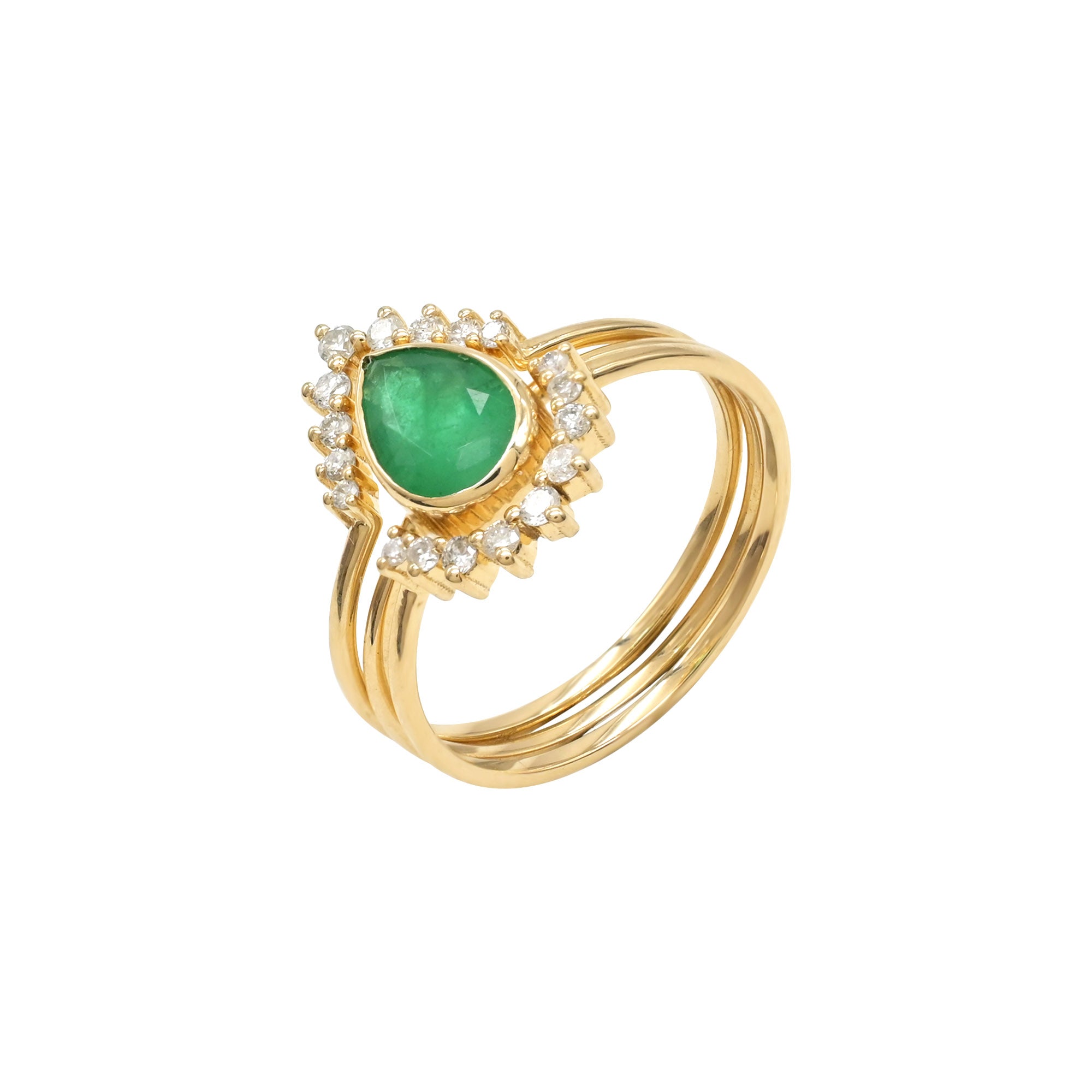 Genuine Emerald Trio Halo Band In 14k Yellow Gold Diamond IGI Verified Wedding Ring
