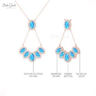 Diamond Cluster Chain Necklace In 14k Real Gold Swiss Blue Topaz Gemstone Halo Necklaces