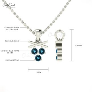 Solid 14k Gold 3 Stone Pendant In 2.5mm London Blue Topaz Cluster Dangle Unique Pendants