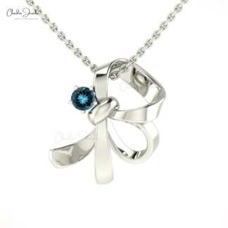 Single Stone Knot Charm In 14k Real Gold With 3mm Round London Blue Topaz Pendant