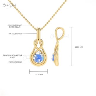 Single Stone Infinity Charm With 6mm Rainbow Moonstone 14k Real Gold Pendant