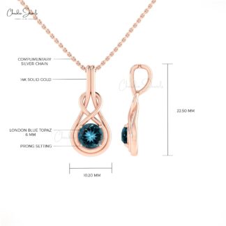 Solid 14k Gold Solitaire Charm With 6mm London Blue Topaz Gemstone Infinity Pendant