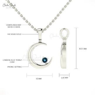Single Stone 0.05 Ct London Blue Topaz 14k Solid Gold Half Moon Solitaire Pendant