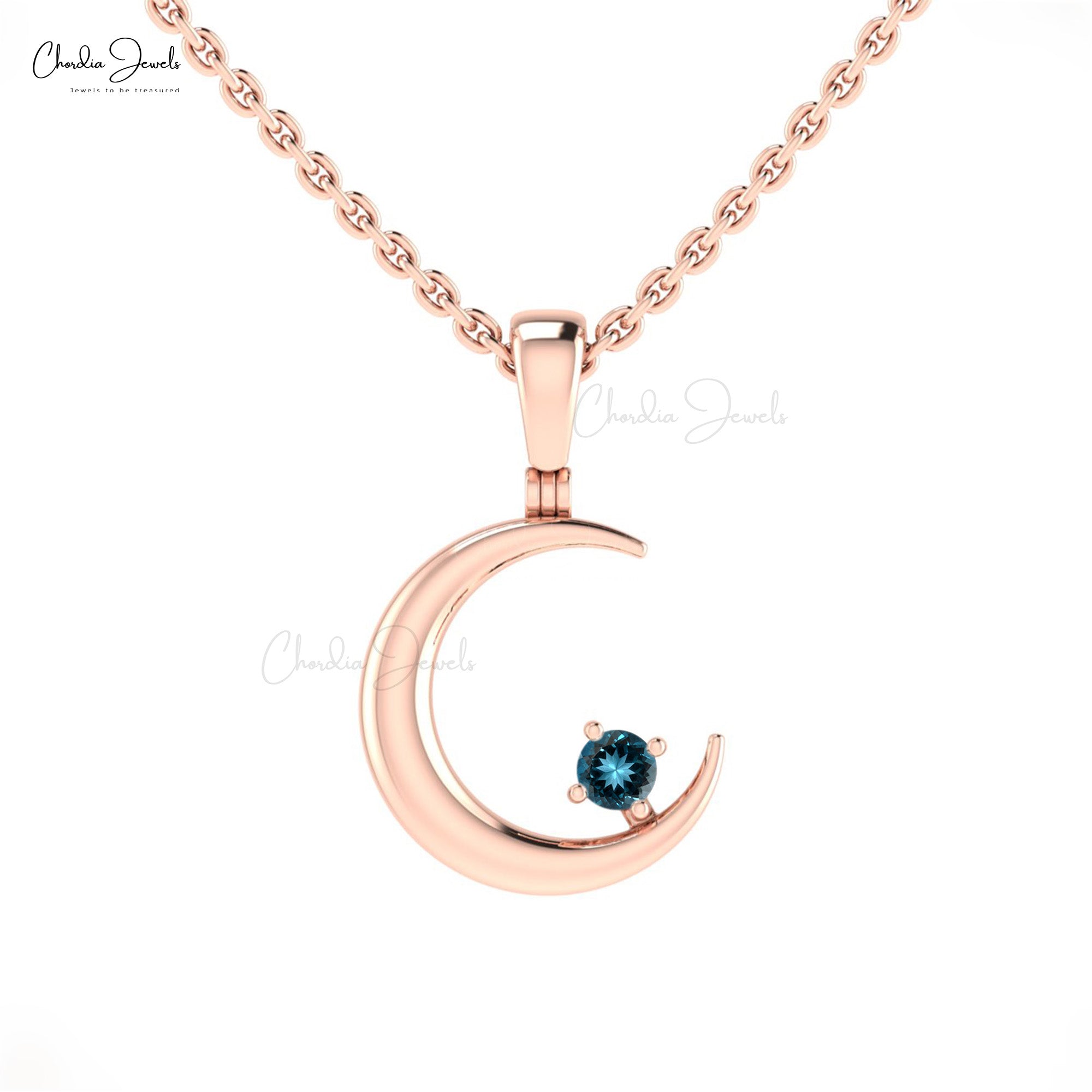Single Stone 0.05 Ct London Blue Topaz 14k Solid Gold Half Moon Solitaire Pendant