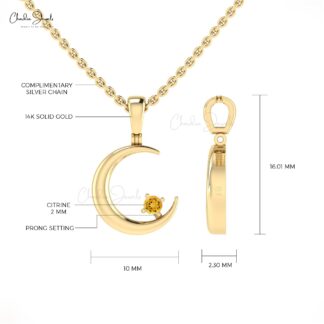 Natural Yellow Citrine 2mm Gemstone Moon Pendant in 14k Real Gold Crescent Jewelry