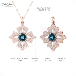 Daisy Floral Cushion Pendant In 14k Real Gold London Blue Topaz And Diamond Necklace
