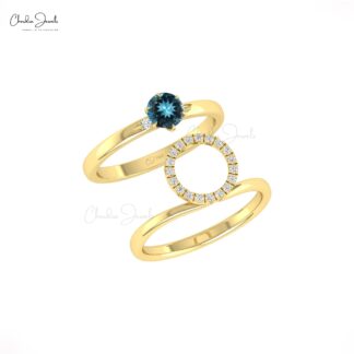 Solitaire Detchable Band In Pure 14k Gold London Blue Topaz Halo Diamond Anniversary Ring