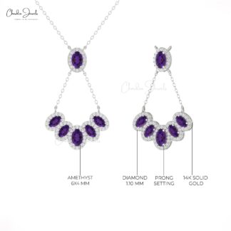Cluster Y Shape Diamond Necklace In 14k Real Gold Amethyst 1.76 Ct Oval Cut Halo Necklace