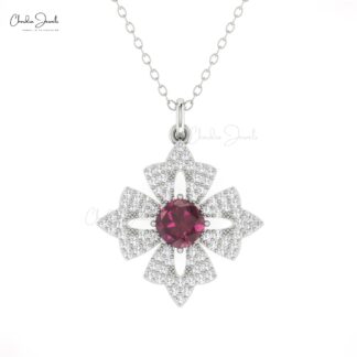 Dangle Wedding Pendant In Solid 14k Gold Rhodolite Garnet 5mm And Diamond Bridal Pendant