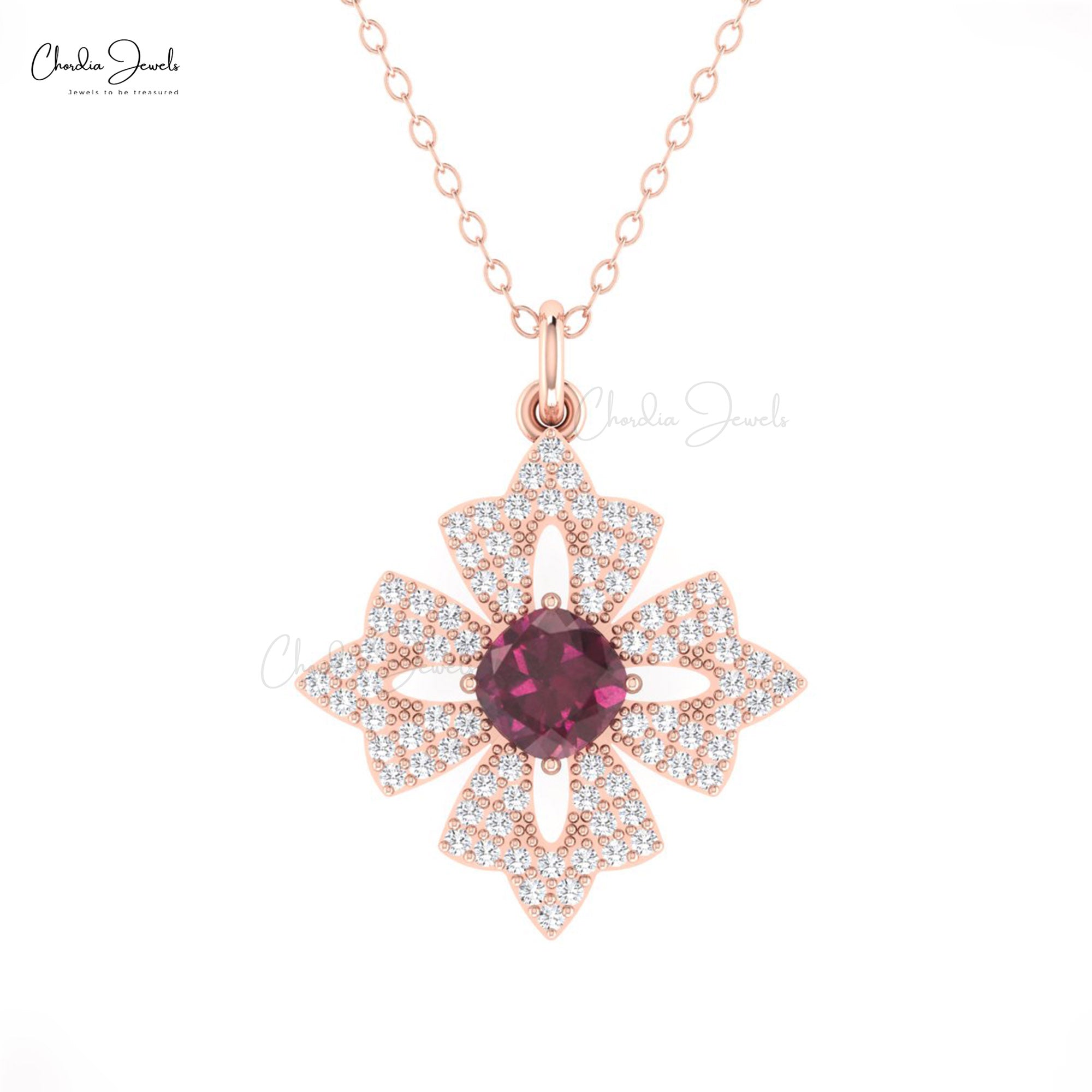 Dangle Wedding Pendant In Solid 14k Gold Rhodolite Garnet 5mm And Diamond Bridal Pendant
