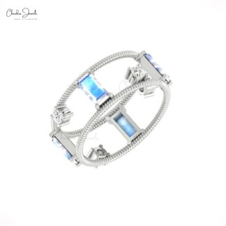 Solid 14k Gold Twisted Wire Ring With 6x3mm Baguette Moonstone & Diamond Stackable Rings