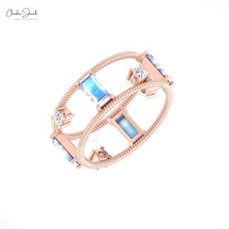 Solid 14k Gold Twisted Wire Ring With 6x3mm Baguette Moonstone & Diamond Stackable Rings