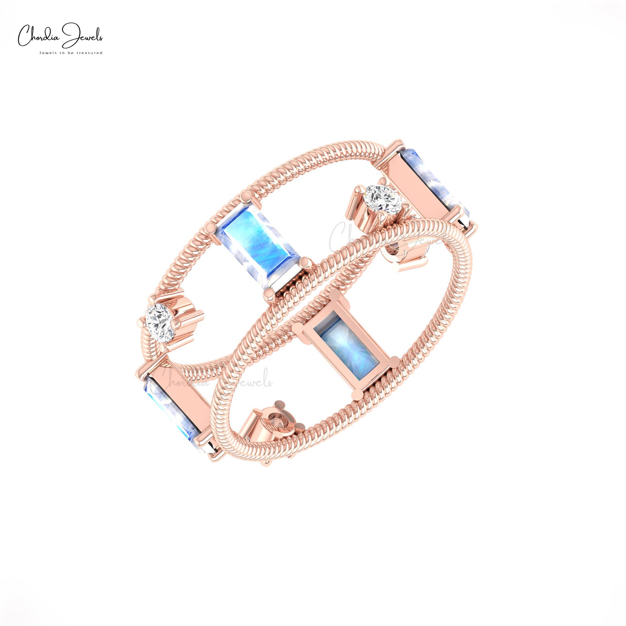 Solid 14k Gold Twisted Wire Ring With 6x3mm Baguette Moonstone & Diamond Stackable Rings