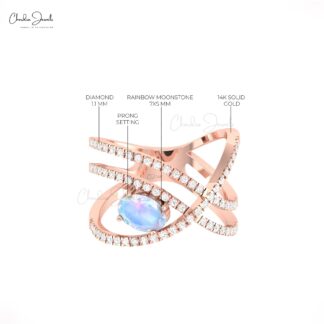 Infinity Unique Ring With 7x5mm Oval Moonstone And Diamond Crossover 14k Solid Gold Ring