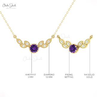 Round Amethyst Angle Wing Necklace In Pure 14k Gold Diamond Dainty Chain Floral Necklaces