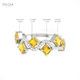 Square Citrine Half Eternity Ring In Solid 14k Gold G-H Diamond Wave Hallmark Rings