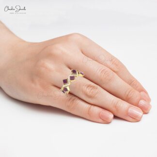 Natural Rhodolite Garnet Half Eternity Band In 14k Solid Gold Diamond Cluster Women Ring