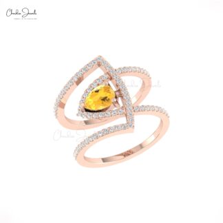 Dual Birthstone Diamond Ring In Pure 14k Gold Citrine 7x5mm Teardrop Engagement Rings