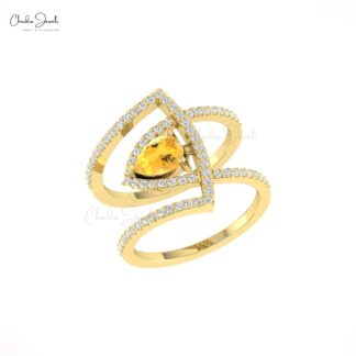 Dual Birthstone Diamond Ring In Pure 14k Gold Citrine 7x5mm Teardrop Engagement Rings
