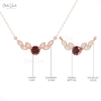 Miligrain Diamond Leaf Necklace With 0.45 Ct Garnet 14k Real Gold Daughter Necklaces