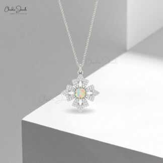 Floral Cluster Women Pendant In Real 14kl Gold Fire Opal 0.6 Ct Gemstone Diamond Pendants