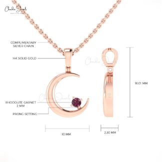 Natural Rhodolite Garnet Half Moon Pendant in 14k Real Gold Crescent Fine Jewelry