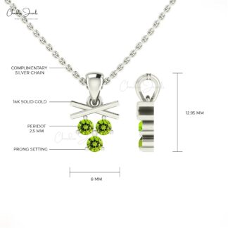 Trio Gemstone Pendant In 14k Solid Gold Peridot 2.5mm Round Cut Dangle Pendant For Mom