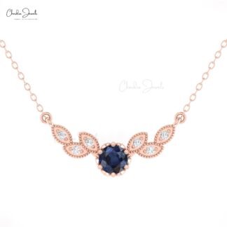 Solid 14k Gold Diamond Wings Necklace With 5mm Blue Sapphire Thin Chain Wedding Necklace