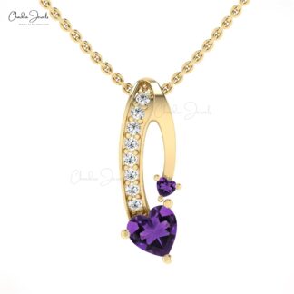 Heart Cut Twisted Charm In 14k Pure Gold Amethyst And Pave Diamond Minimalist Pendant