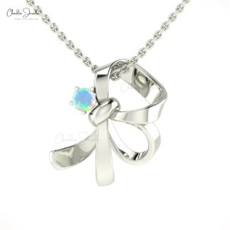 Real 14k Gold Solitaire Charm With 3mm Brilliant Cut Opal Curved Pendant For Her